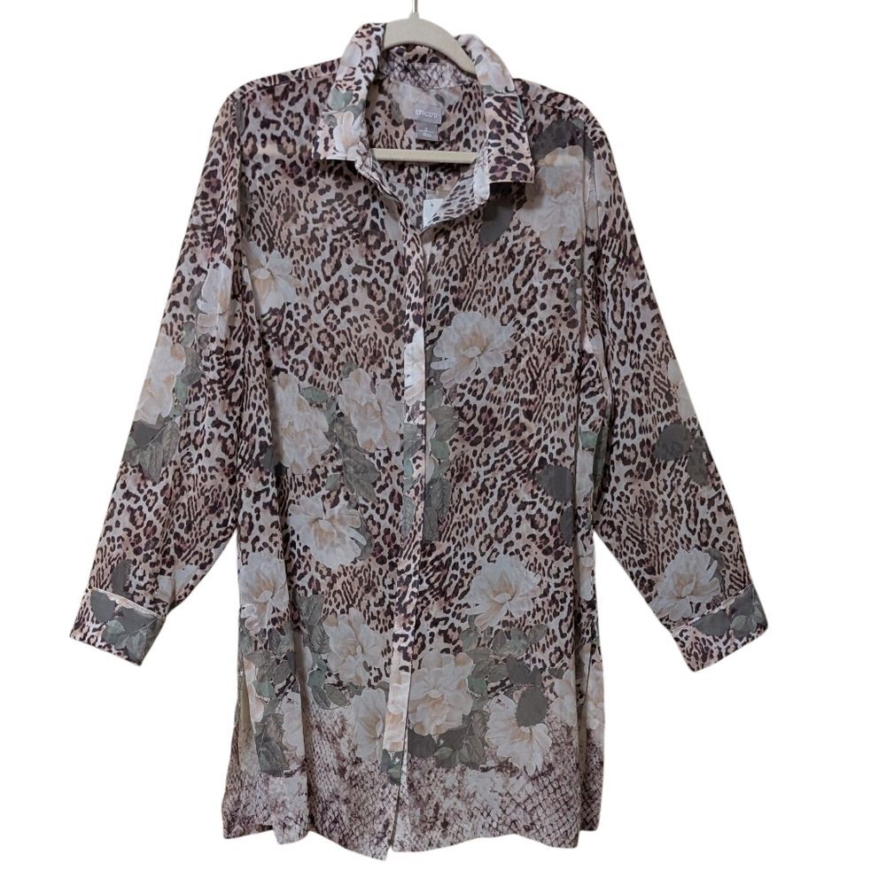 NWT Chico's long line tunic poised blooms shirt woven pattern sheer size XL/16
